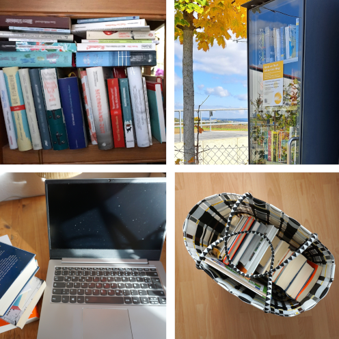 Bild aus 4 Teilbildern: Bild 1 übervolles Bücherregal, Bild 2 öffentlicher Bücherschrank, Bild 3 Laptop daneben mit Büchern, Bild 4 große Tasche mit Büchern
