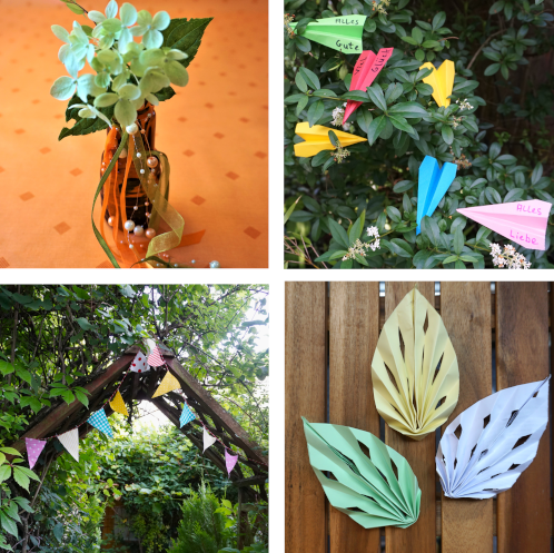 Zusammengesetztes Bild: Teilbild 1 kleine Vase mit Gartenblumen, Teilbild 2 bunte Papierflieger in einem grünen Busch, Teilbild 3 Girlande aus bunten Stoffresten an einem Rosenbogen aus Holz, Teilbild 4 buntes Papier zu Blättern gefaltet
