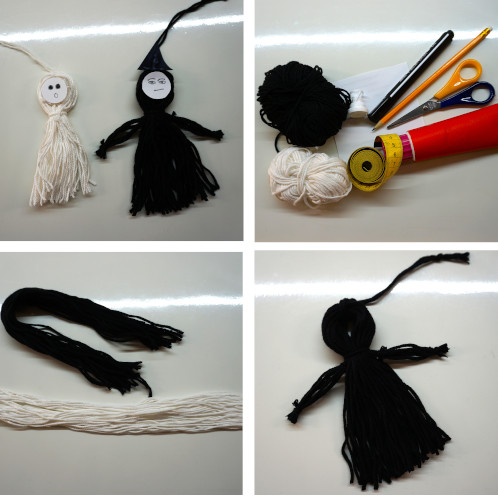 Bild aus vier Teilbildern: Teilbild 1 fertige Figuren aus Woll-Fäden - ein weißes Gespenst und ein schwarzer Zauberer, Teilbild 2 Material für das Basteln von den Figuren, Teilbild 3 Aufhänger an ein Bündel von Wollfäden machen, Teilbild 4 Zaubererfigur noch ohne Gesicht