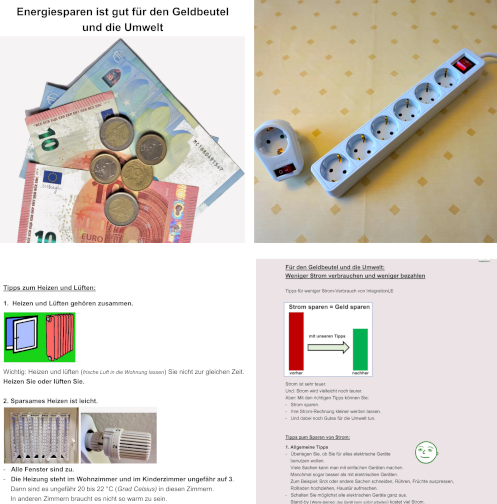 Bild aus 4 Teilbildern: Teilbild 1: Geld, Teilbild 2: schaltbare Mehrfachsteckdose, Bild 3: Deckblatt von Informationen zum Sparen von Heizkosten, Bild 4: Deckblatt zu Informationen zum Stromsparen