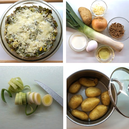 Bild aus 4 Teilbildern, Teilbild 1: fertiger Auflauf, Teilbild 2: Zutaten, Teilbild 3: geschnittener Lauf, Teilbild 4: Kartoffeln mit Schale in einem Topf